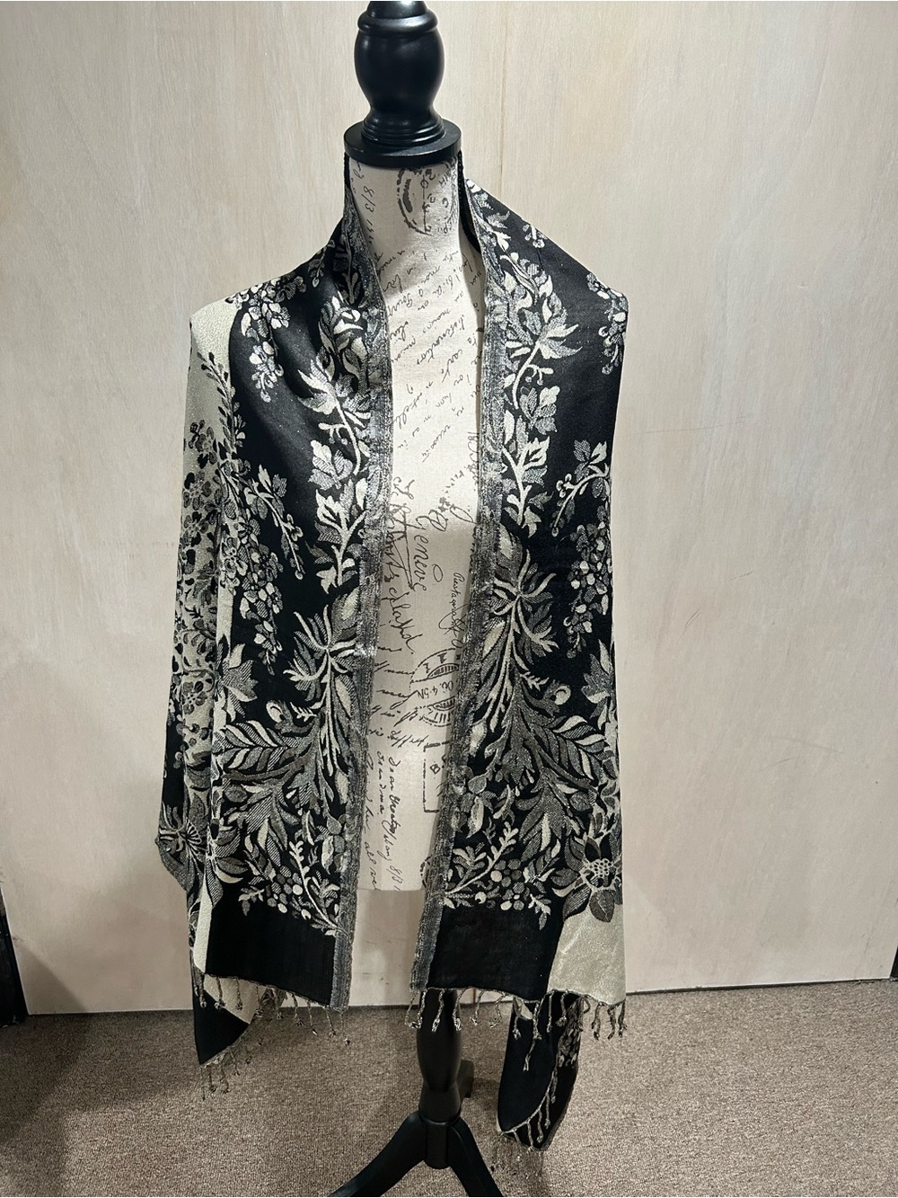 495. Passigatti Black and Champagne Metallic Floral Scarf.